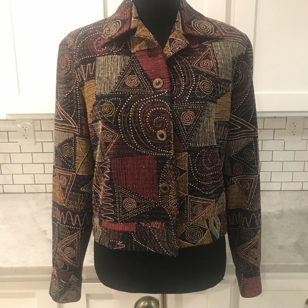 Lorizoni Jacket Womens Small Black Aztec 100% Silk Metallic‎ Southwestern Boho